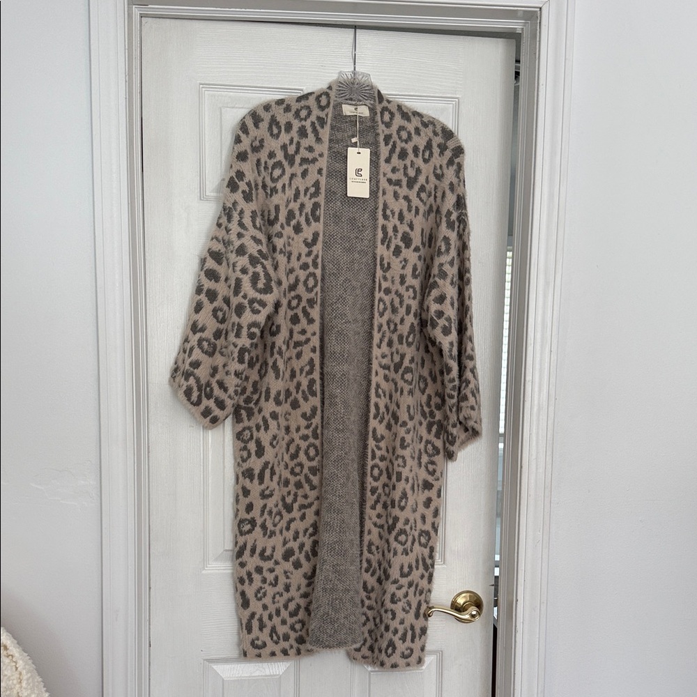 Comfy USA Leopard Print Cardigan - Gray and Cream